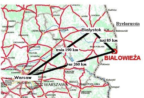 North-east Poland, ways of reaching Bialowieza 
from Warsaw